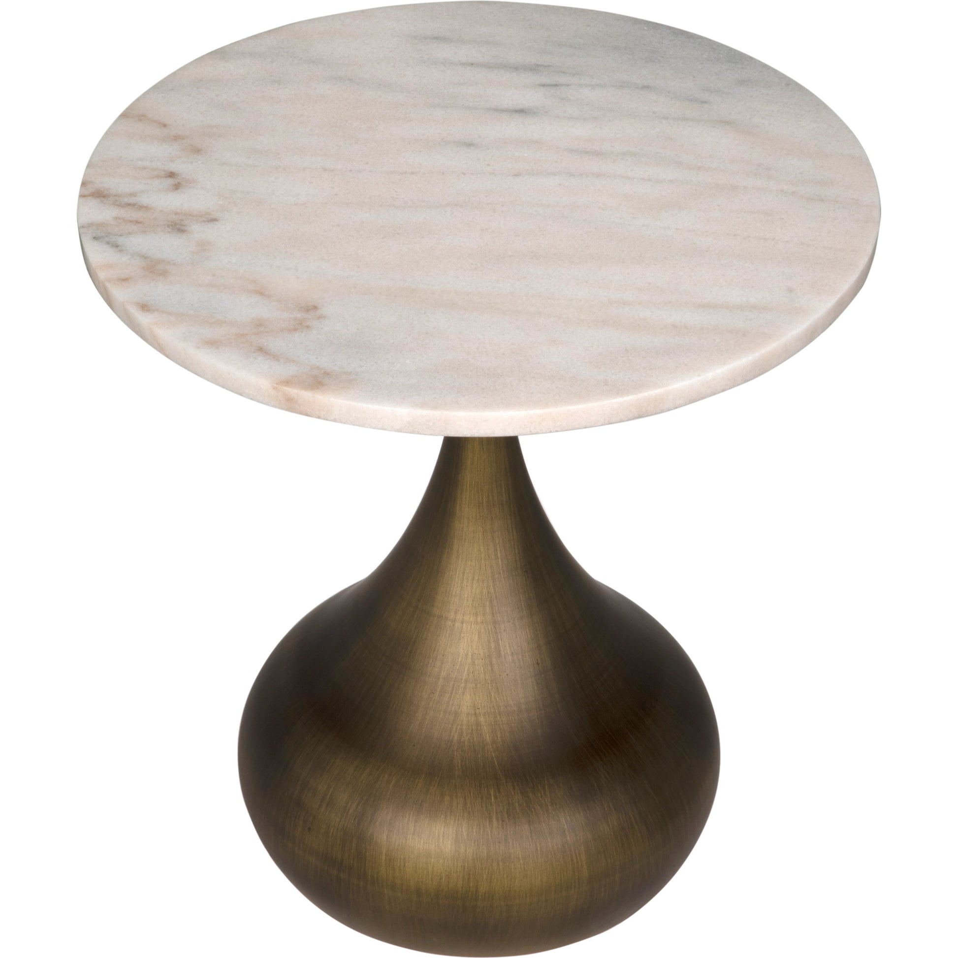 Mateo Side Table by Noir in aged brass. Made from industrial steel and white marble in a modern style.