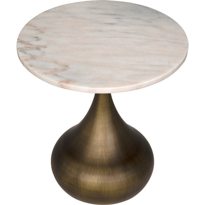 Mateo Side Table by Noir in aged brass. Made from industrial steel and white marble in a modern style.