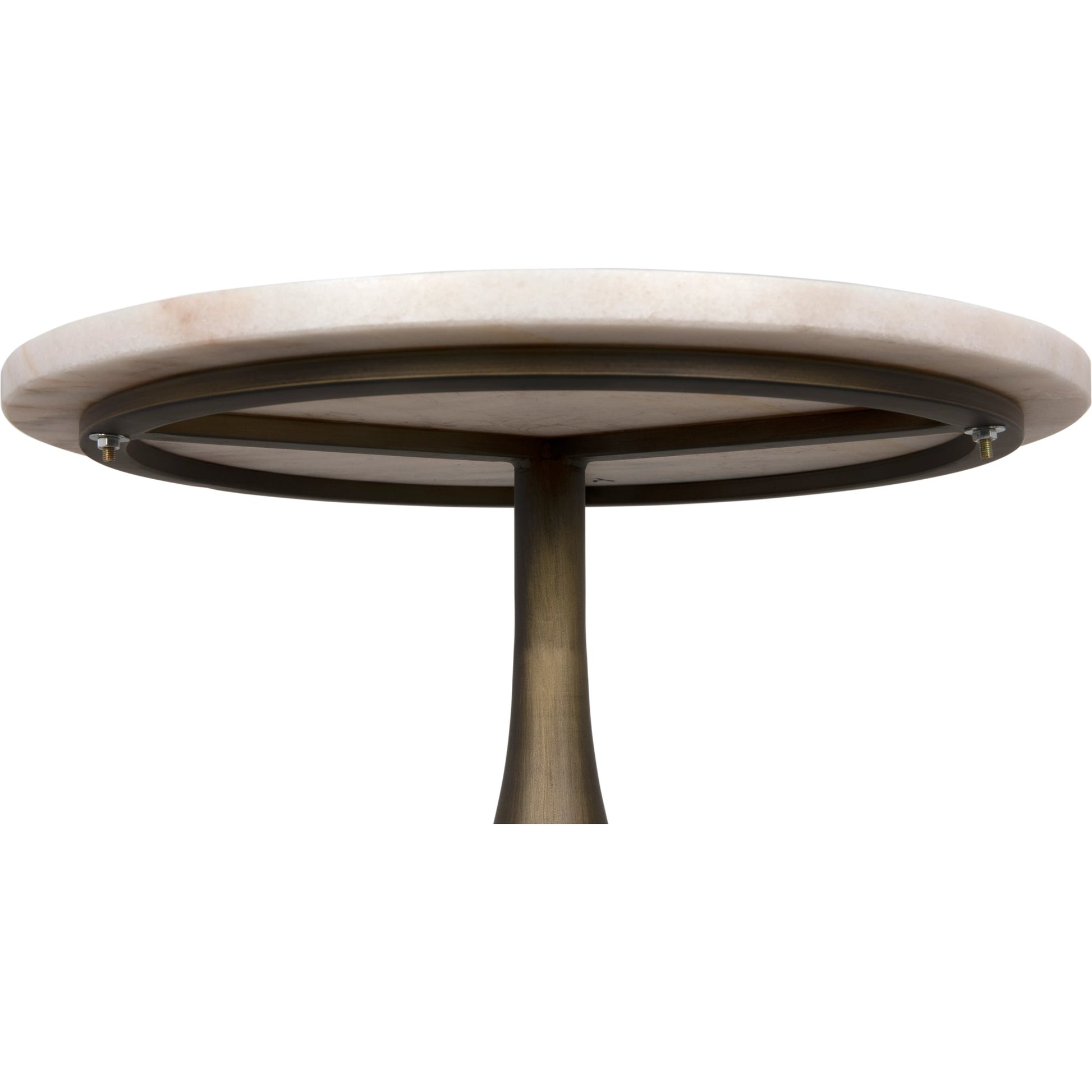 Mateo Side Table by Noir in aged brass. Made from industrial steel and white marble in a modern style.