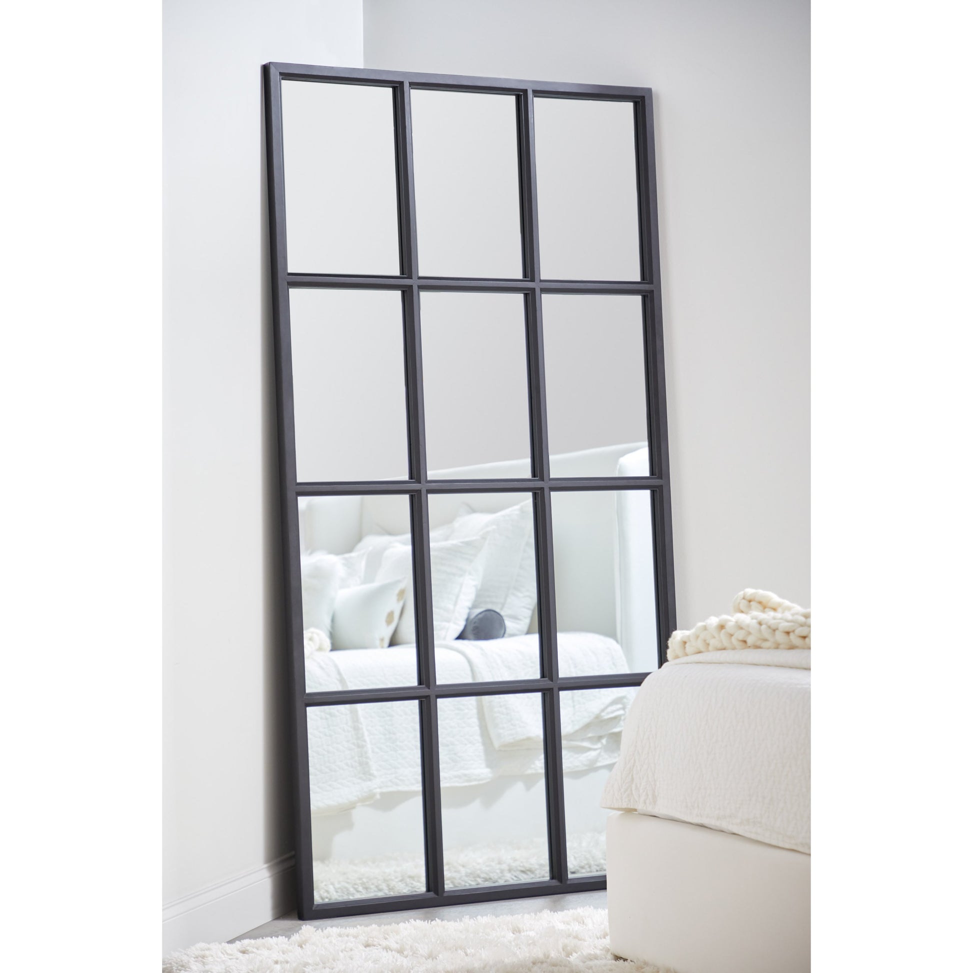 Grid Mirror by Essentials For Living in matte black. Made from solid oak in a transitional style.