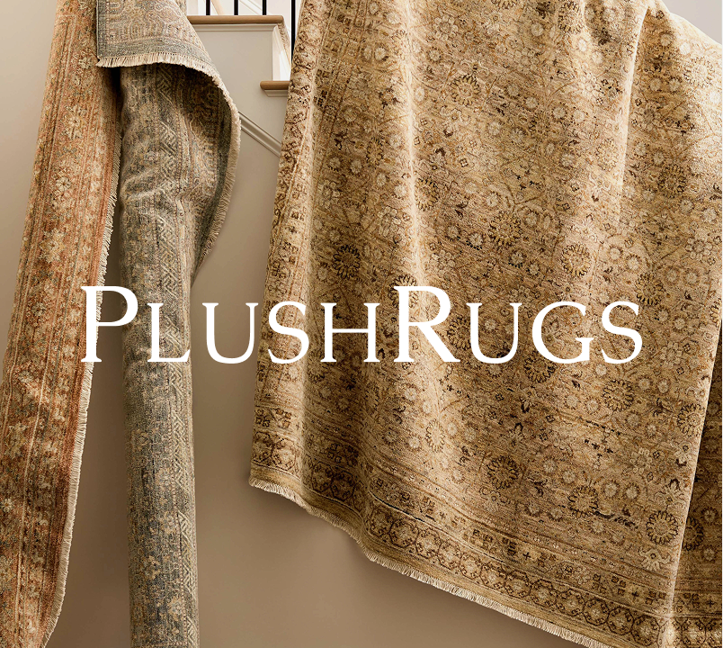 Traditional patterned area rugs in warm neutral tones displayed on a staircase, featuring PlushRugs branding.