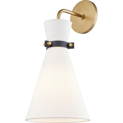 Julia Wall Sconce by Mitzi in aged brass black. Made from steel in a modern style.