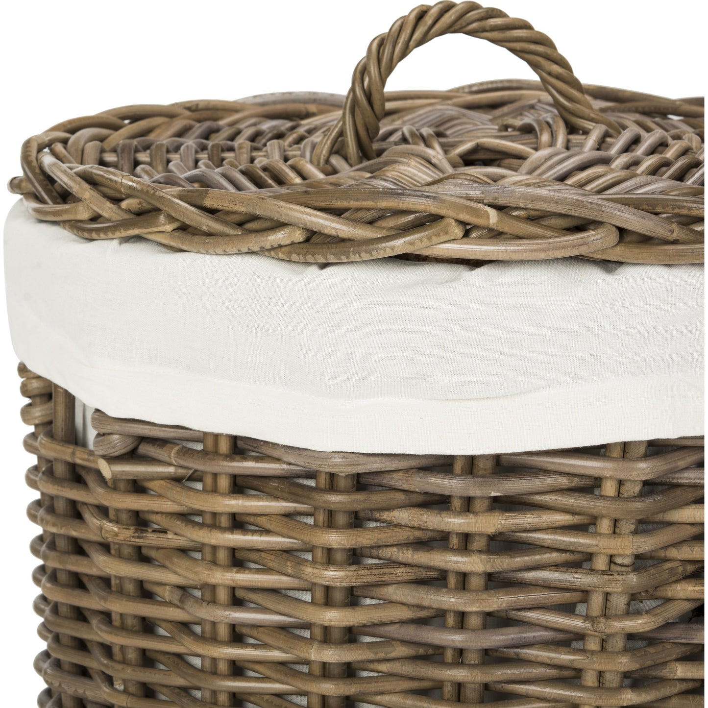 002 S-273868 | Closeup | Burke Laundry Basket by HedgeApple Essentials in natural. Made from mahogany, rattan in a coastal style.