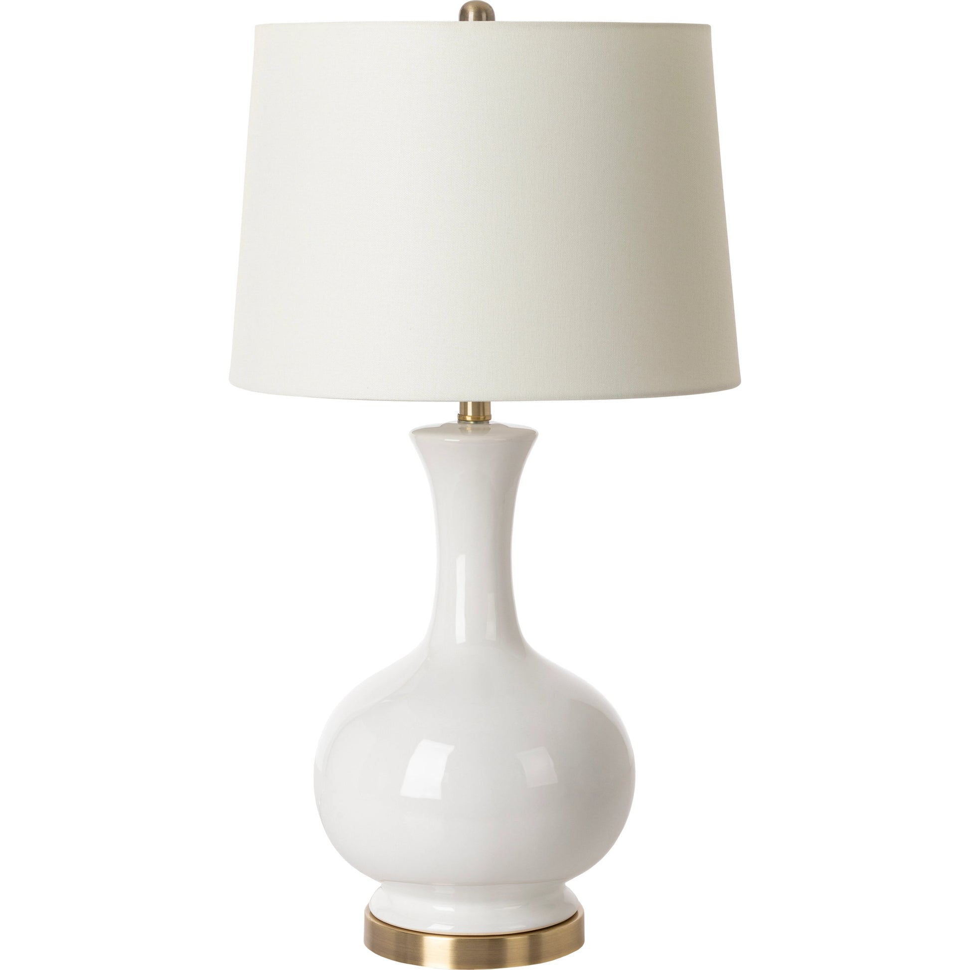 Hepburn Table Lamp - 31035 by Surya in gold, ivory, translucent, white, metallic brass and brushedglazedplated. Made from shade (outside): linen, shade (inside): polyester, body: ceramic, base: metal, finial: iron, finial: m