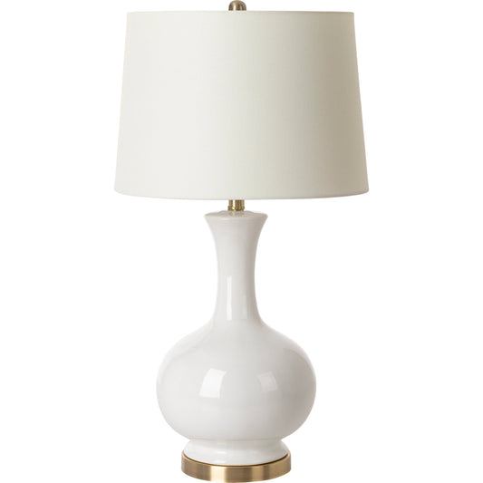 Hepburn Table Lamp - 31035 by Surya in gold, ivory, translucent, white, metallic brass and brushedglazedplated. Made from shade (outside): linen, shade (inside): polyester, body: ceramic, base: metal, finial: iron, finial: m