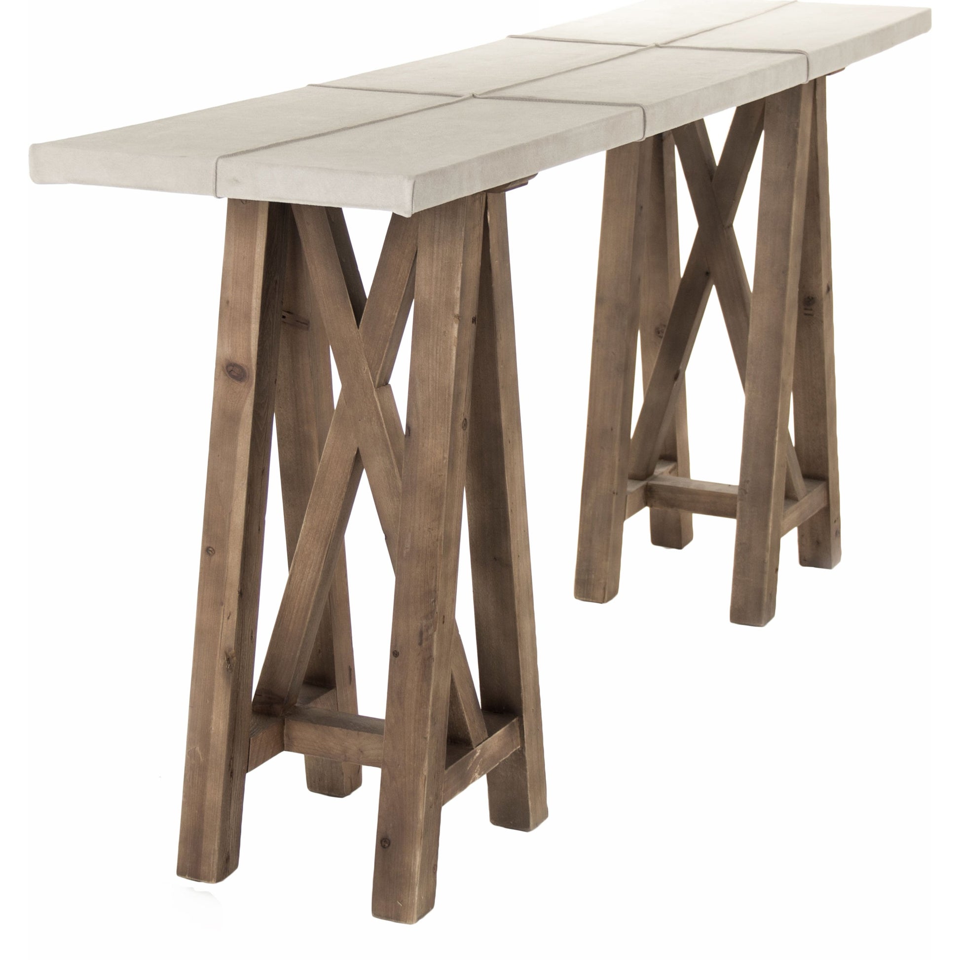 Doux Wall Table by Zentique in light gray suede leather and pine. Made from pine in a cottage & farmhouse style.