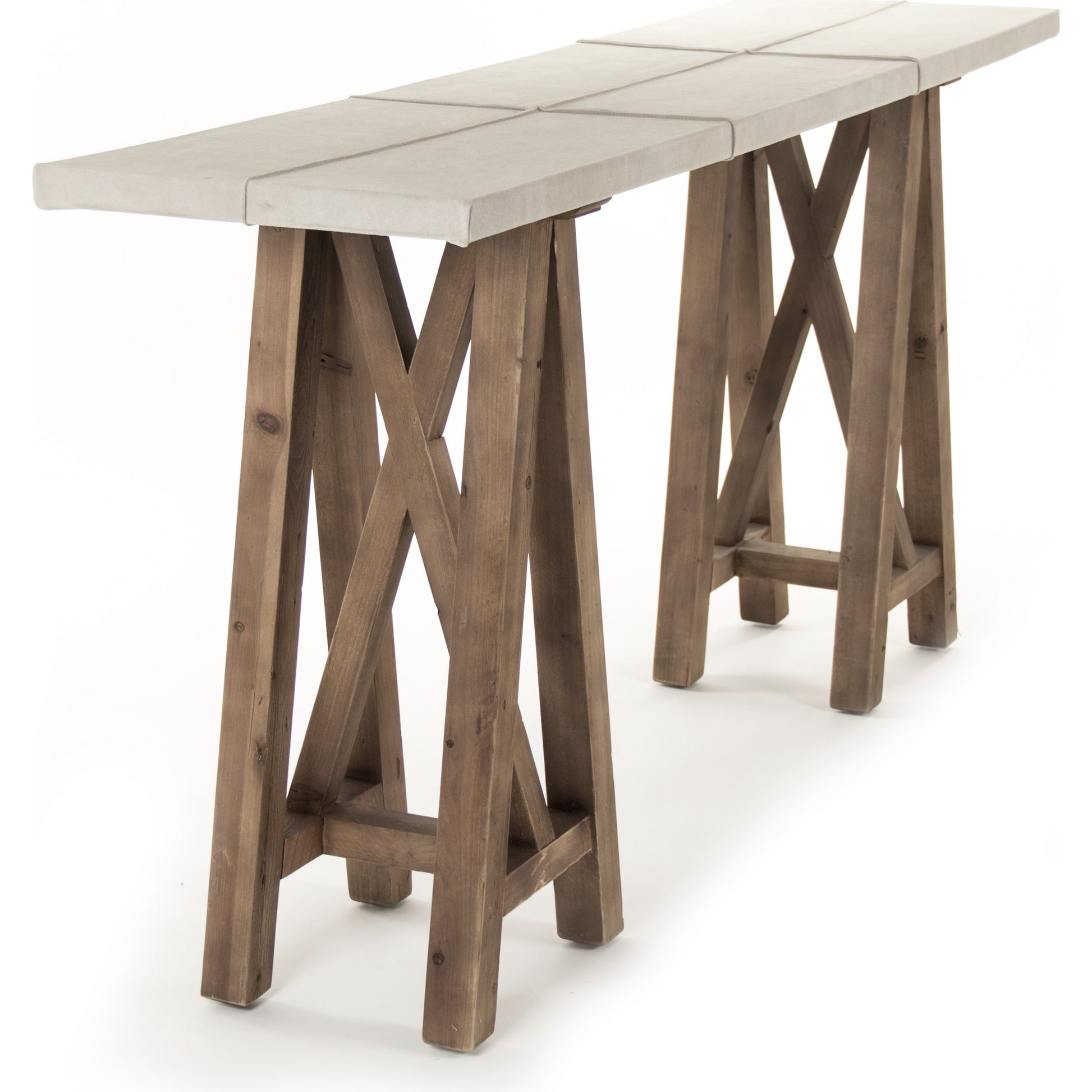 Doux Wall Table by Zentique in light gray suede leather and pine. Made from pine in a cottage & farmhouse style.