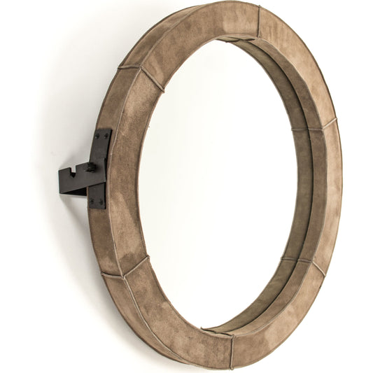 Pendre Mirror by Zentique in tan suede leather and suede, glass. Made from suede, glass in a rustic style.