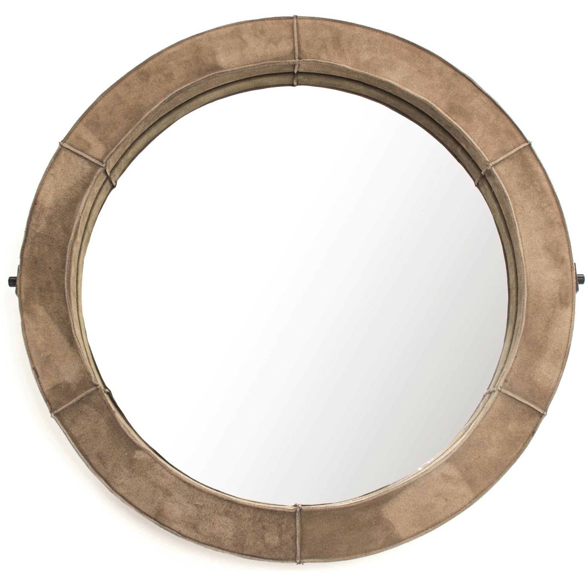 Pendre Mirror by Zentique in tan suede leather and suede, glass. Made from suede, glass in a rustic style.