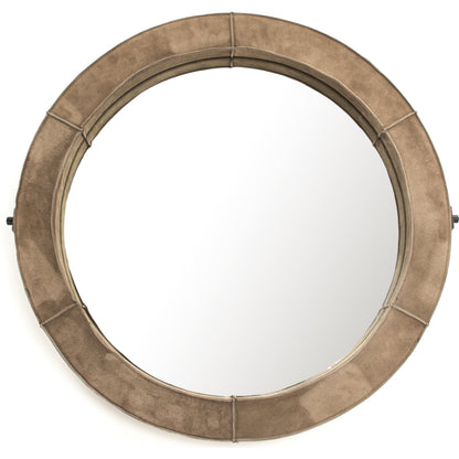 Pendre Mirror by Zentique in tan suede leather and suede, glass. Made from suede, glass in a rustic style.