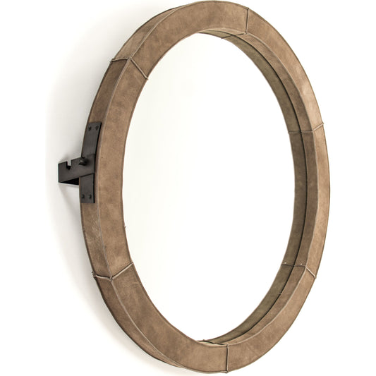 Pendre Mirror by Zentique in tan suede leather and suede, glass. Made from suede, glass in a rustic style.