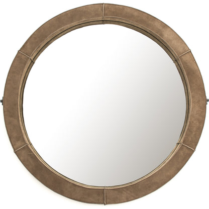 Pendre Mirror by Zentique in tan suede leather and suede, glass. Made from suede, glass in a rustic style.