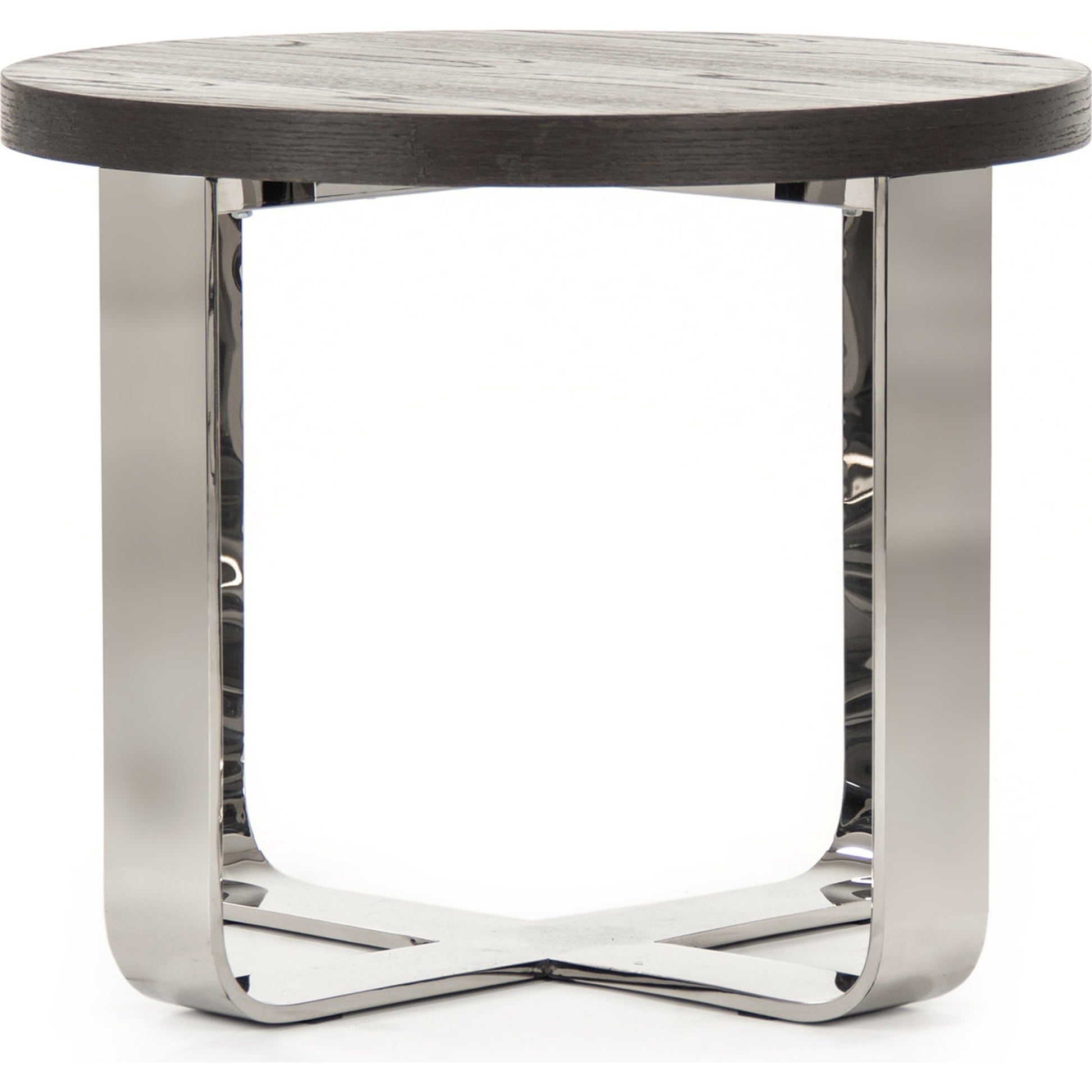 Round Side Table by Zentique in dark brown, chrome and oak, steel. Made from oak, steel in a modern style.
