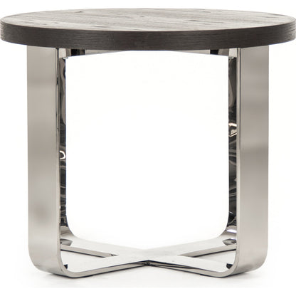 Round Side Table by Zentique in dark brown, chrome and oak, steel. Made from oak, steel in a modern style.