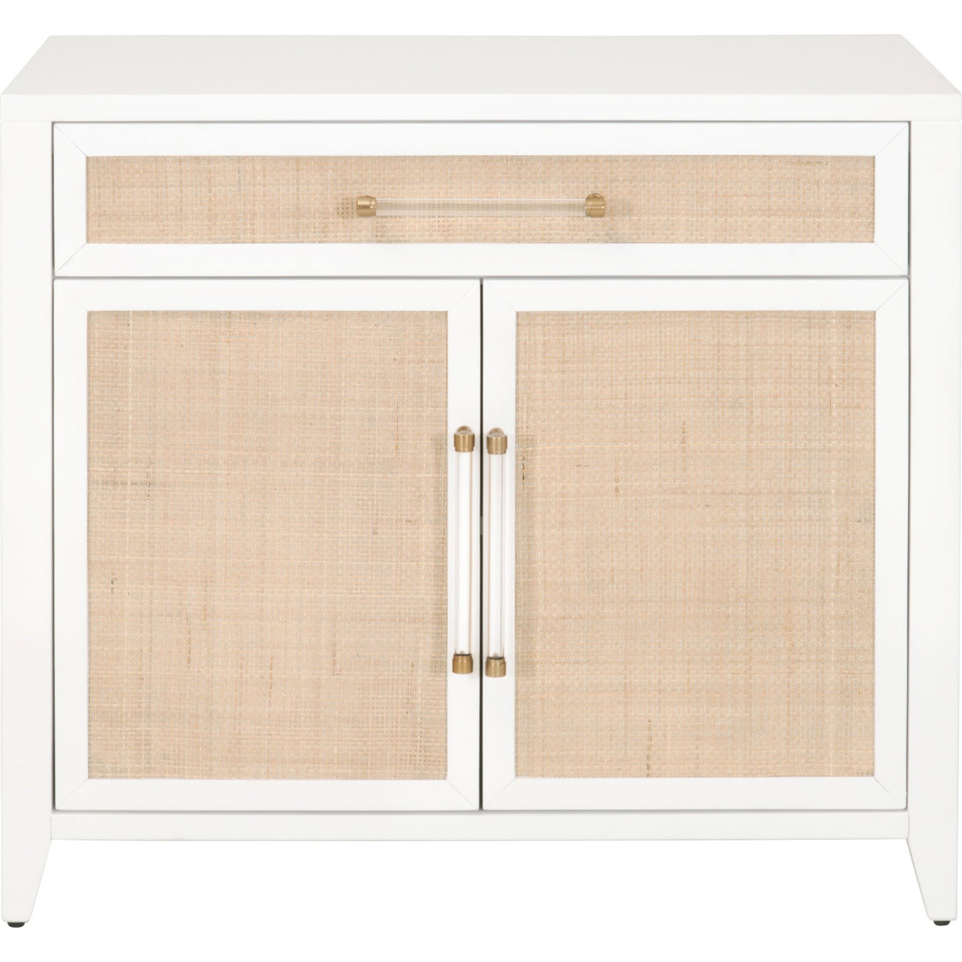 Holland Chest by Essentials For Living in matte white, natural, brushed brass. Made from mdf, rattan in a transitional style.