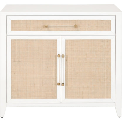 Holland Chest by Essentials For Living in matte white, natural, brushed brass. Made from mdf, rattan in a transitional style.