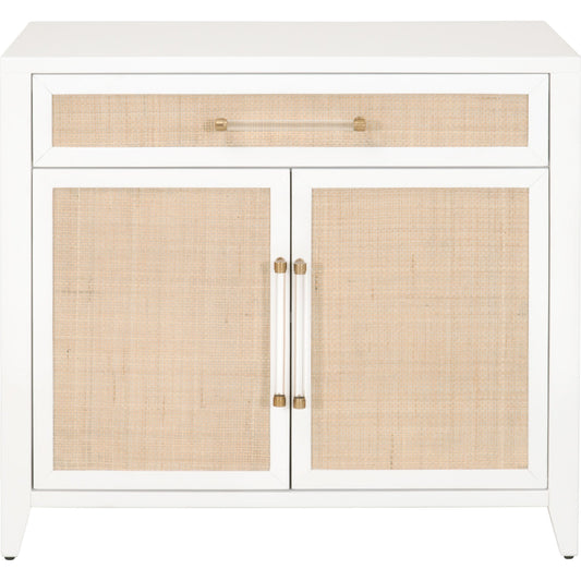 Holland Chest by Essentials For Living in matte white, natural, brushed brass. Made from mdf, rattan in a transitional style.