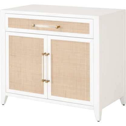 Holland Chest by Essentials For Living in matte white, natural, brushed brass. Made from mdf, rattan in a transitional style.