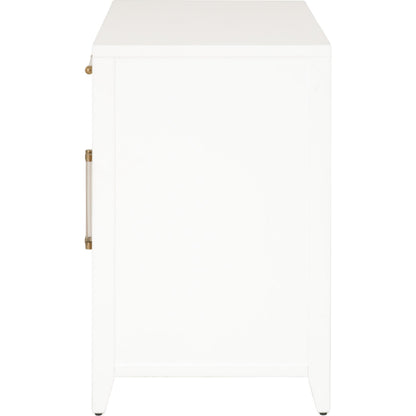 Holland Chest by Essentials For Living in matte white, natural, brushed brass. Made from mdf, rattan in a transitional style.