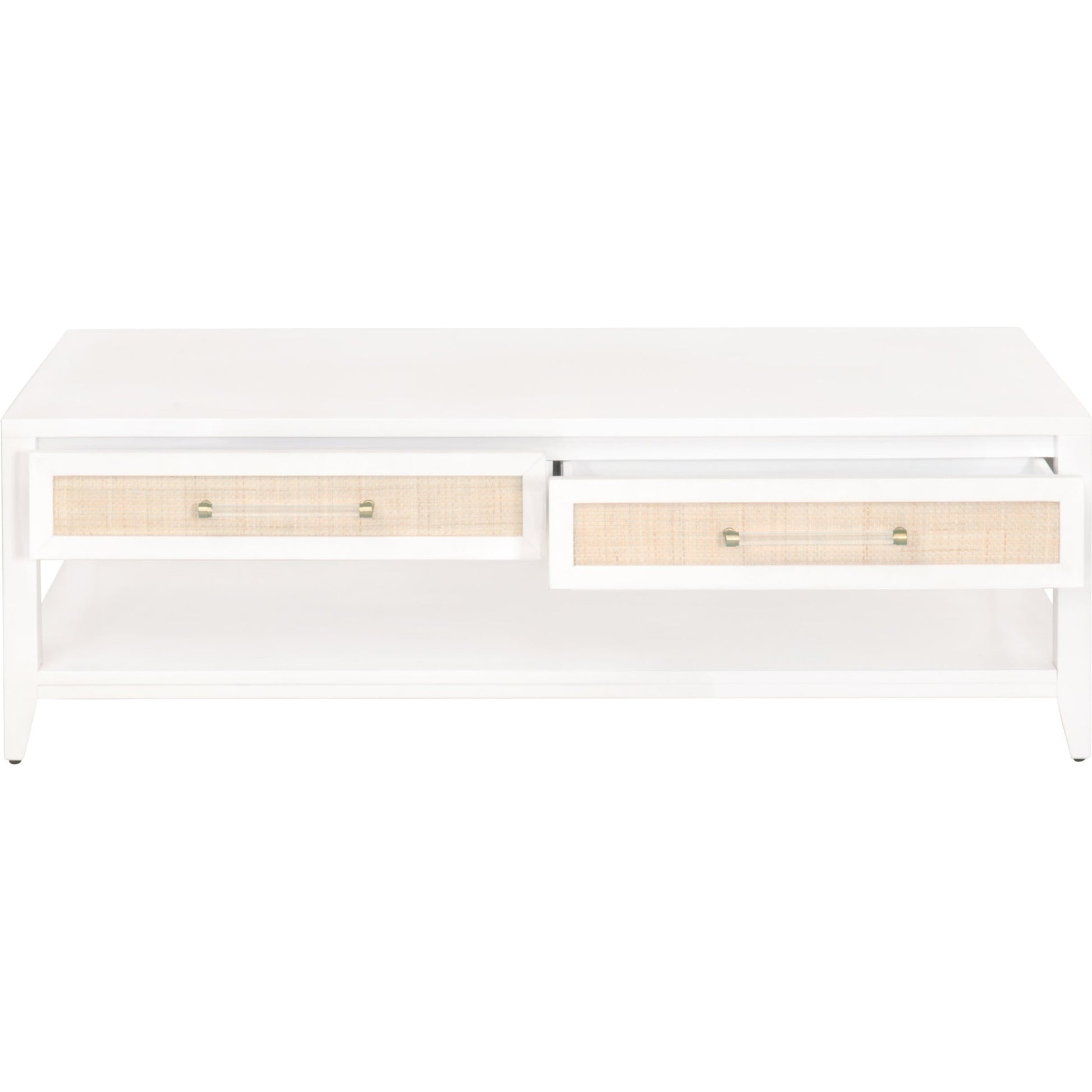 Holland Coffee Table by Essentials For Living in matte white, natural, brushed brass. Made from mdf, rattan in a transitional style.
