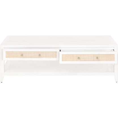 Holland Coffee Table by Essentials For Living in matte white, natural, brushed brass. Made from mdf, rattan in a transitional style.