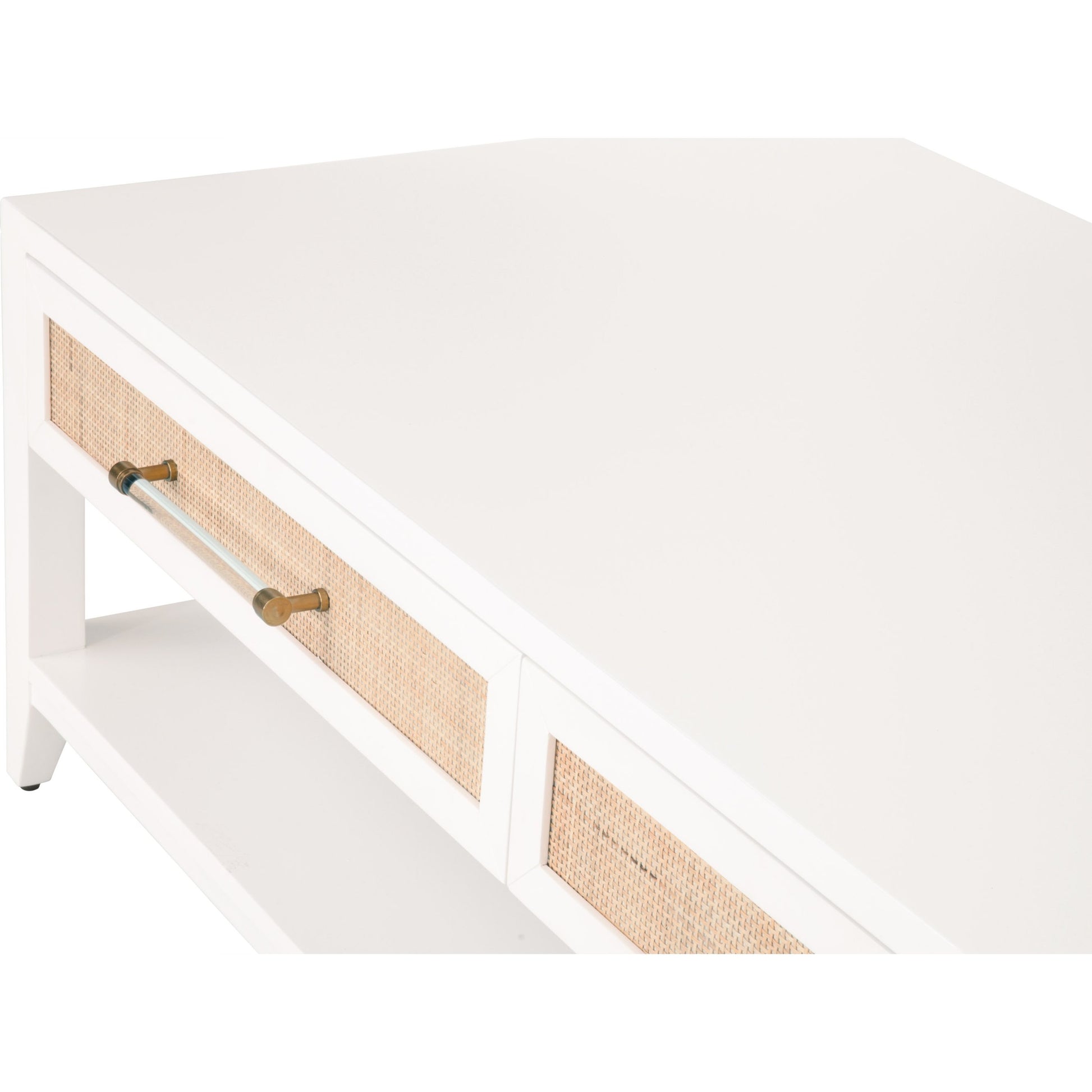 Holland Coffee Table by Essentials For Living in matte white, natural, brushed brass. Made from mdf, rattan in a transitional style.