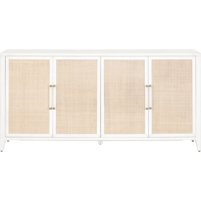 Holland Media Sideboard by Essentials For Living in matte white, natural, brushed brass. Made from mdf, rattan in a transitional style.