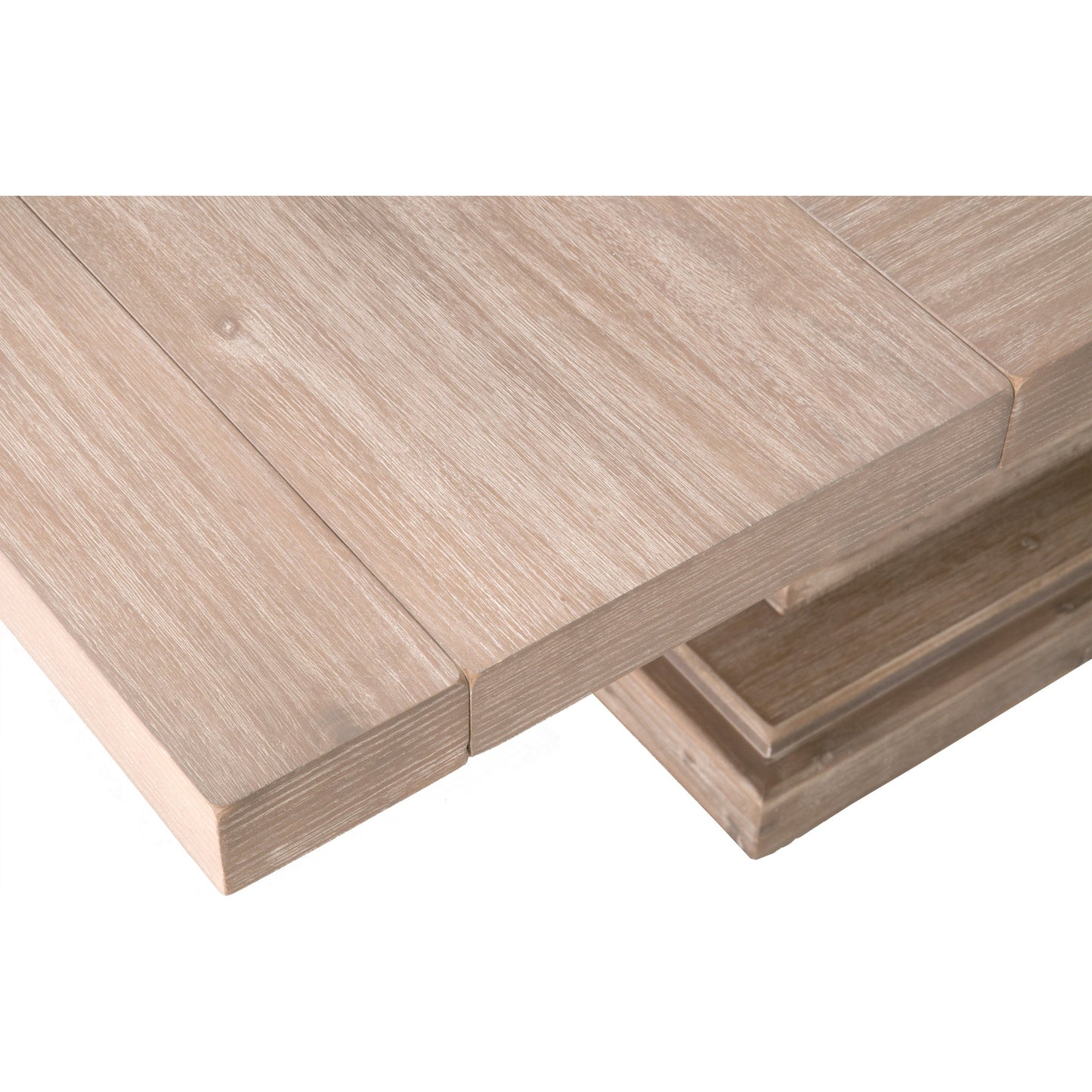 002 SR-387276 | Closeup | Hudson Square Dining Table by Essentials For Living in natural gray. Made from solid acacia, acacia veneer in a cottage & farmhouse style.