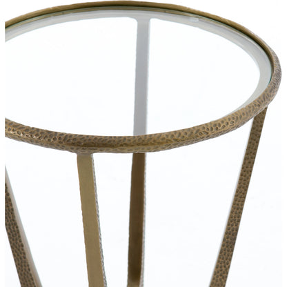 Creighton End Table by Four Hands in aged brass. Made from aluminum, tempered glass in a modern style.