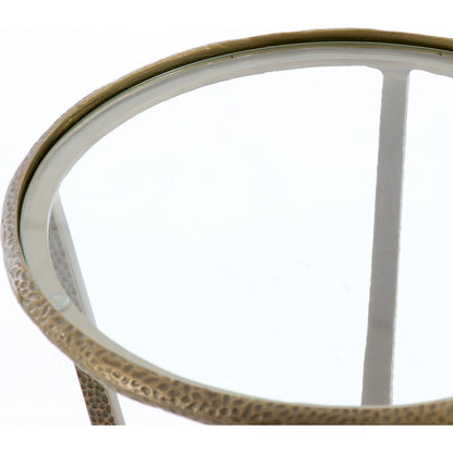 Creighton End Table by Four Hands in aged brass. Made from aluminum, tempered glass in a modern style.