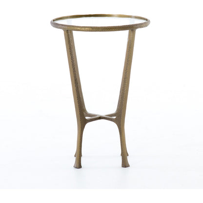 Creighton End Table by Four Hands in aged brass. Made from aluminum, tempered glass in a modern style.
