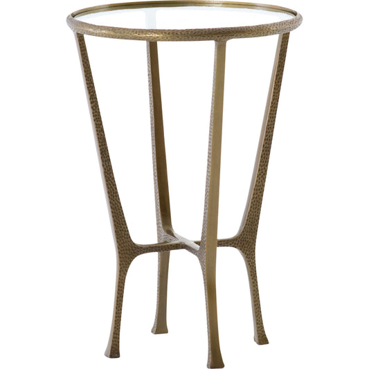 Creighton End Table by Four Hands in aged brass. Made from aluminum, tempered glass in a modern style.
