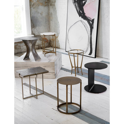 Creighton End Table by Four Hands in aged brass. Made from aluminum, tempered glass in a modern style.