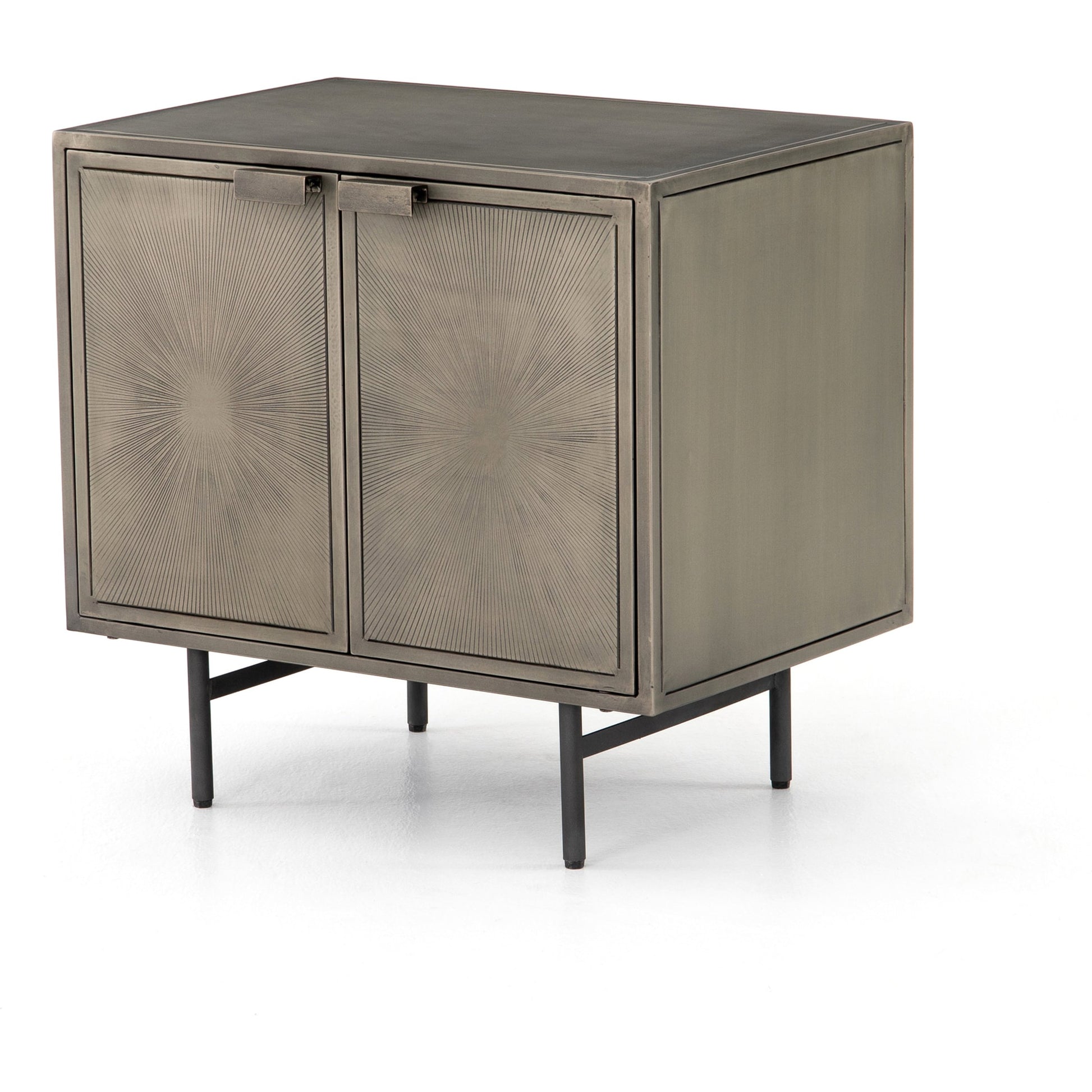Sunburst Cabinet Nightstand by Four Hands in sunburst etched aged brass, gunmetal, aged brass and sunburst etched aged brass pc, gunmetal, aged brass pc. Made from iron in a modern style.