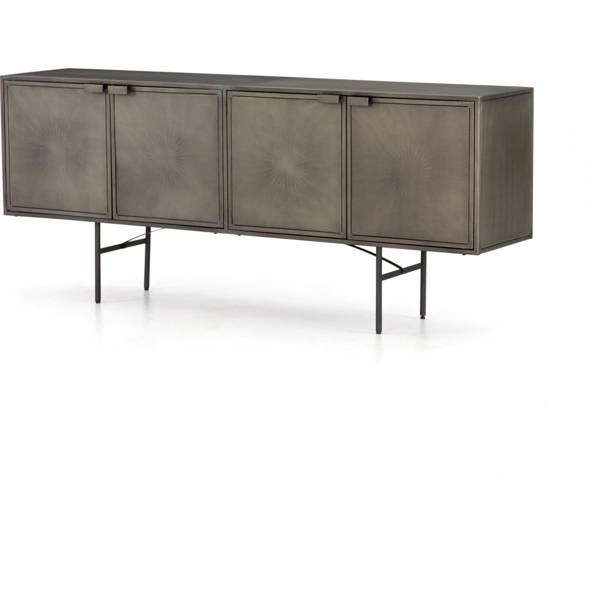Sunburst Sideboard by Four Hands in sunburst etched aged brass, gunmetal, aged brass and sunburst etched aged brass pc, gunmetal, aged brass pc. Made from iron in a modern style.