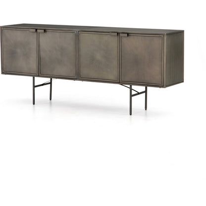 Sunburst Sideboard by Four Hands in sunburst etched aged brass, gunmetal, aged brass and sunburst etched aged brass pc, gunmetal, aged brass pc. Made from iron in a modern style.