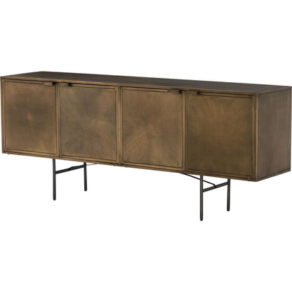 Sunburst Sideboard by Four Hands in sunburst etched aged brass, gunmetal, aged brass and sunburst etched aged brass pc, gunmetal, aged brass pc. Made from iron in a modern style.