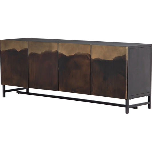 Stormy Media Console by Four Hands in distressed ombre, aged brown. Made from iron in a modern style.