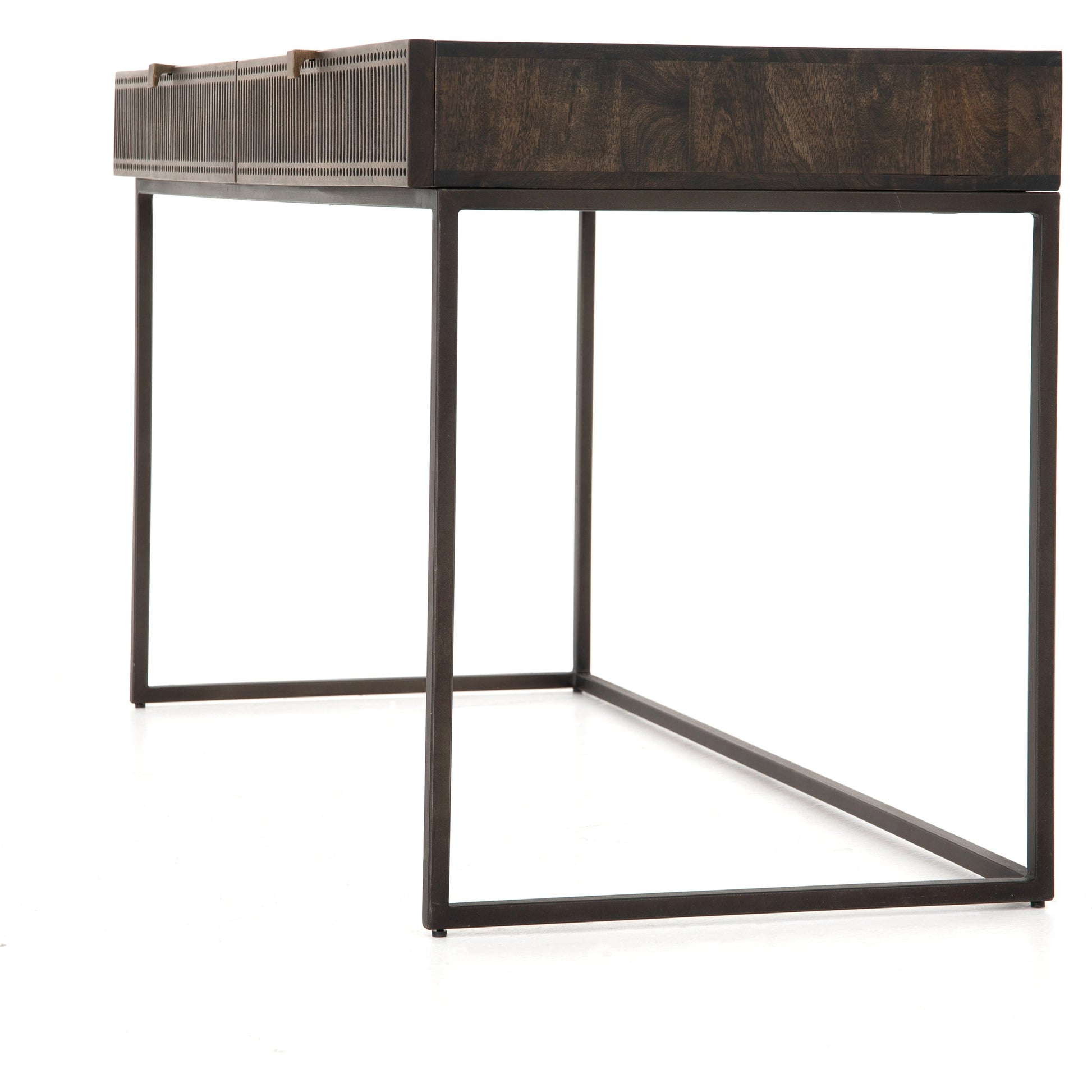 Kelby Writing Desk by Four Hands in aged brass, carved vintage brown, vintage brown, gunmetal and vintage brown. Made from solid mango, iron in a modern style.