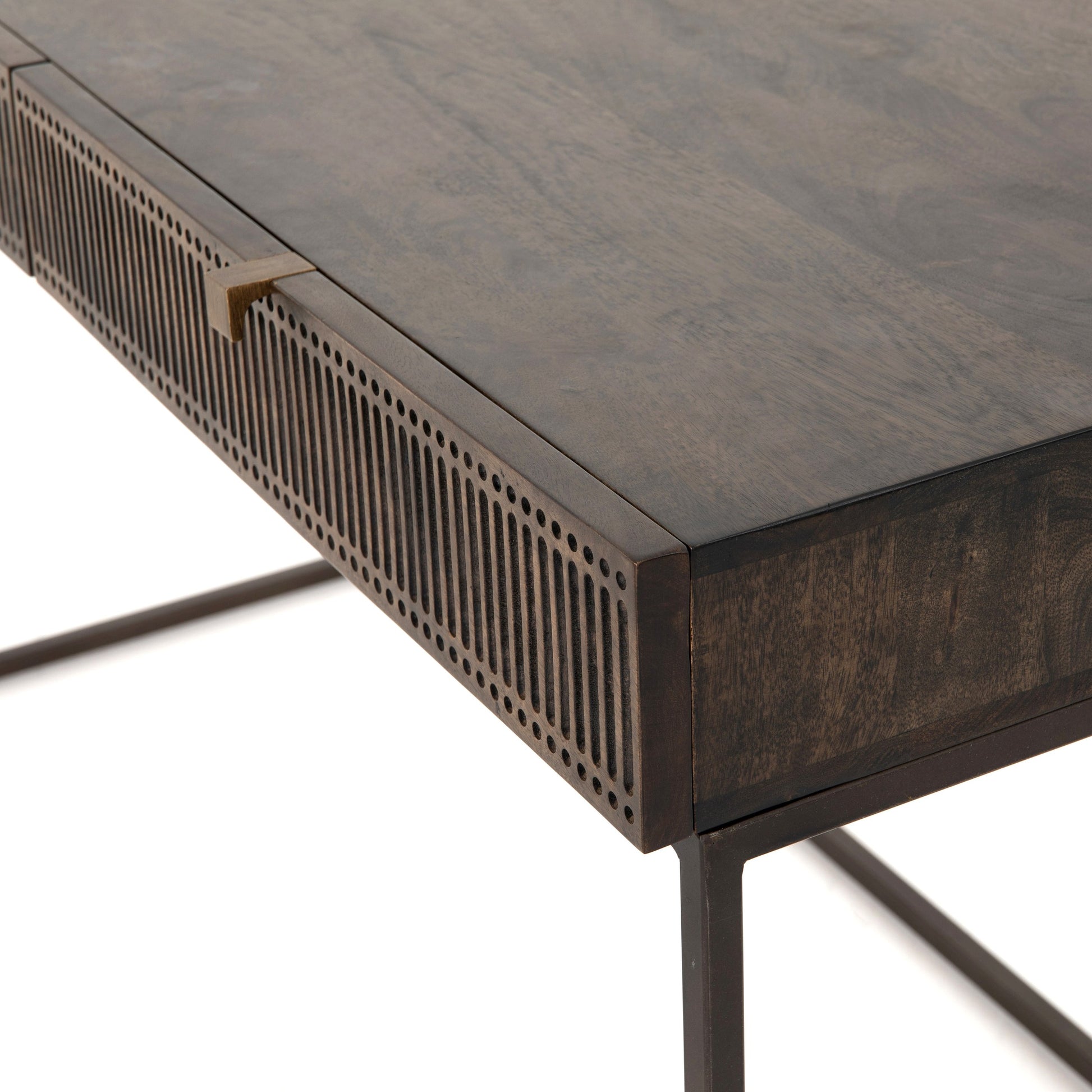 Kelby Writing Desk by Four Hands in aged brass, carved vintage brown, vintage brown, gunmetal and vintage brown. Made from solid mango, iron in a modern style.