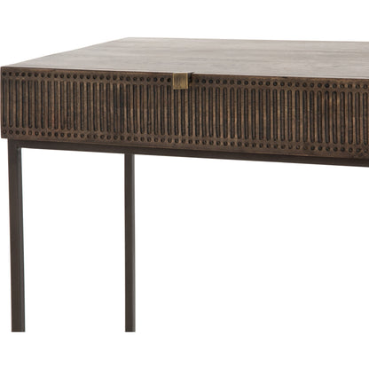 Kelby Writing Desk by Four Hands in aged brass, carved vintage brown, vintage brown, gunmetal and vintage brown. Made from solid mango, iron in a modern style.