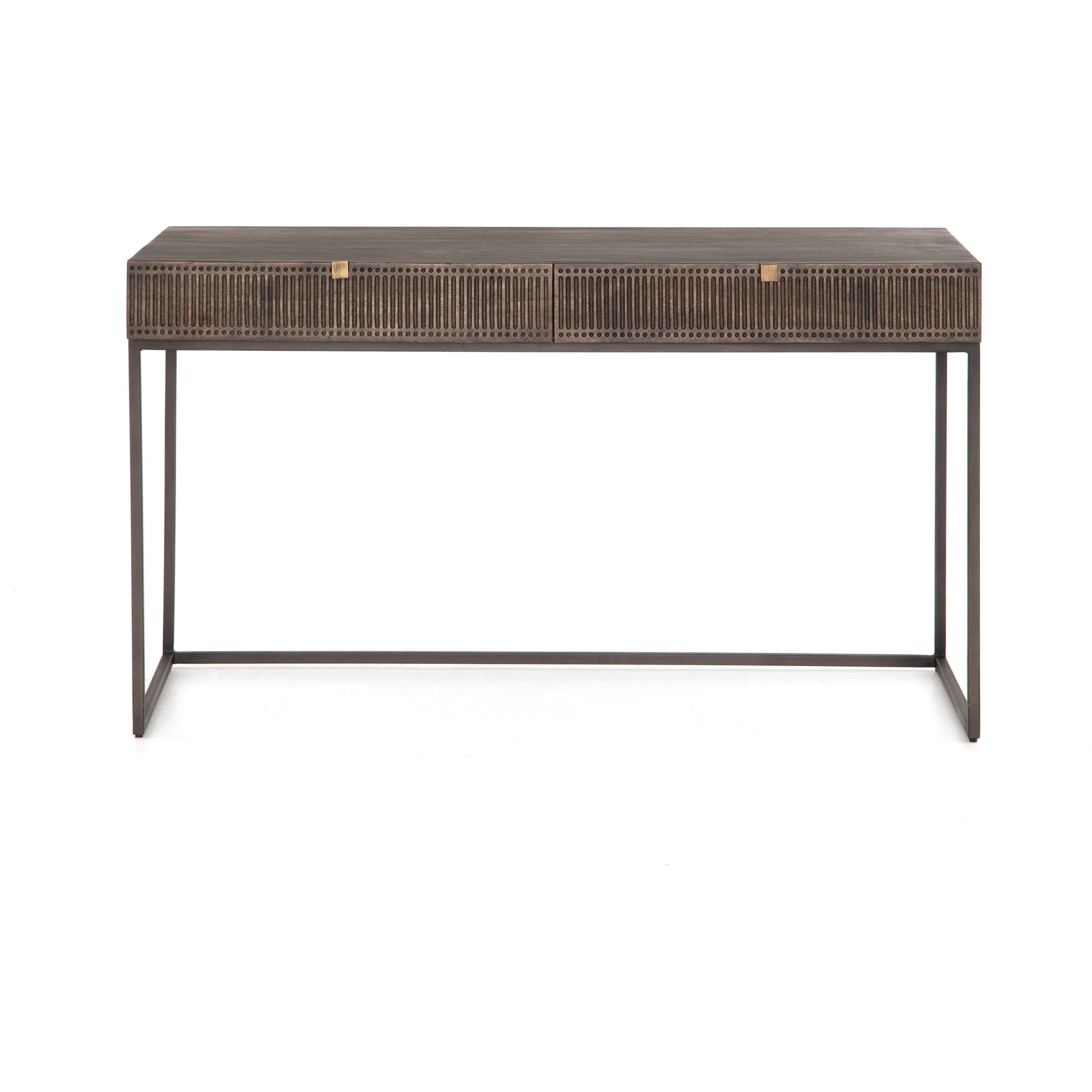 Kelby Writing Desk by Four Hands in aged brass, carved vintage brown, vintage brown, gunmetal and vintage brown. Made from solid mango, iron in a modern style.