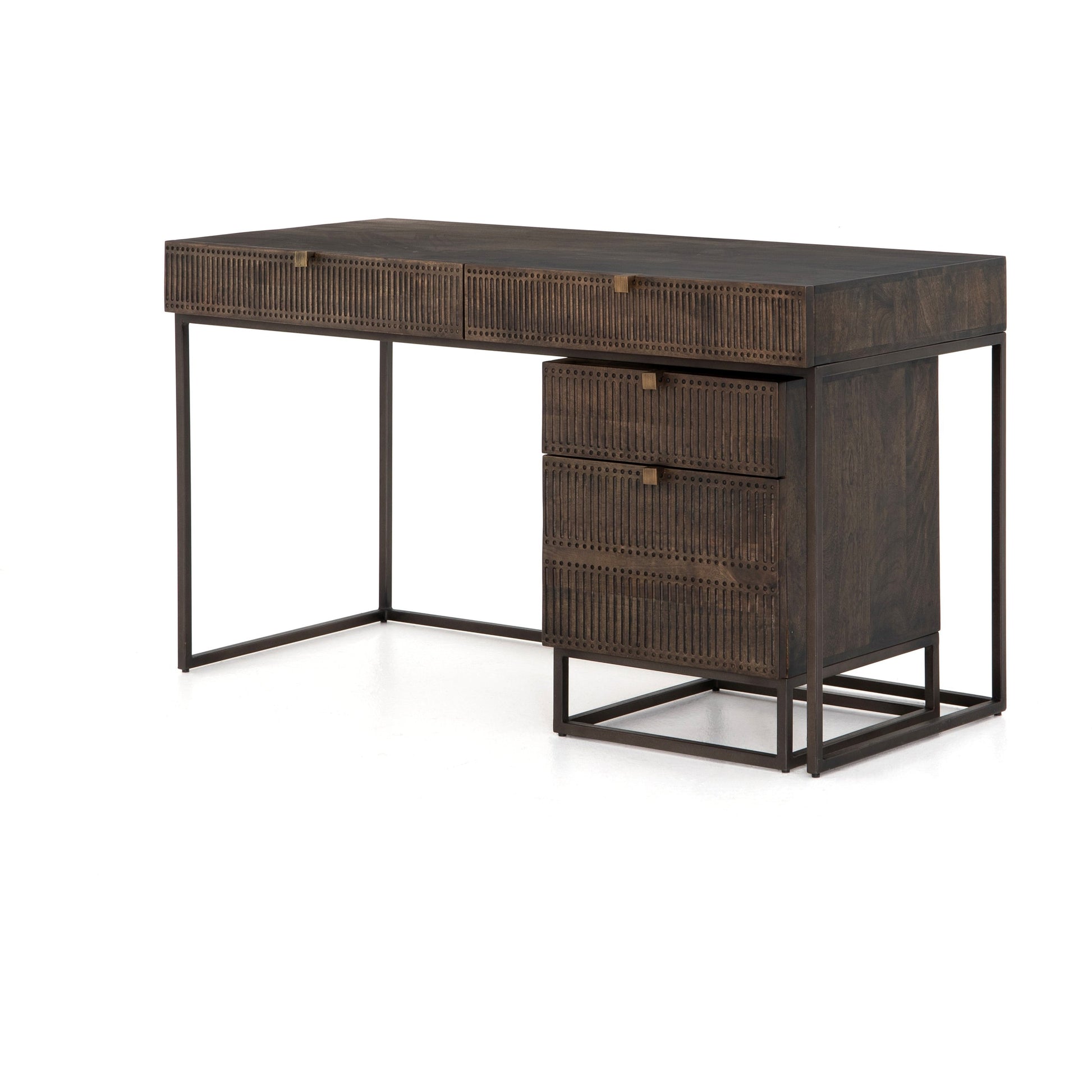 Kelby Writing Desk by Four Hands in aged brass, carved vintage brown, vintage brown, gunmetal and vintage brown. Made from solid mango, iron in a modern style.