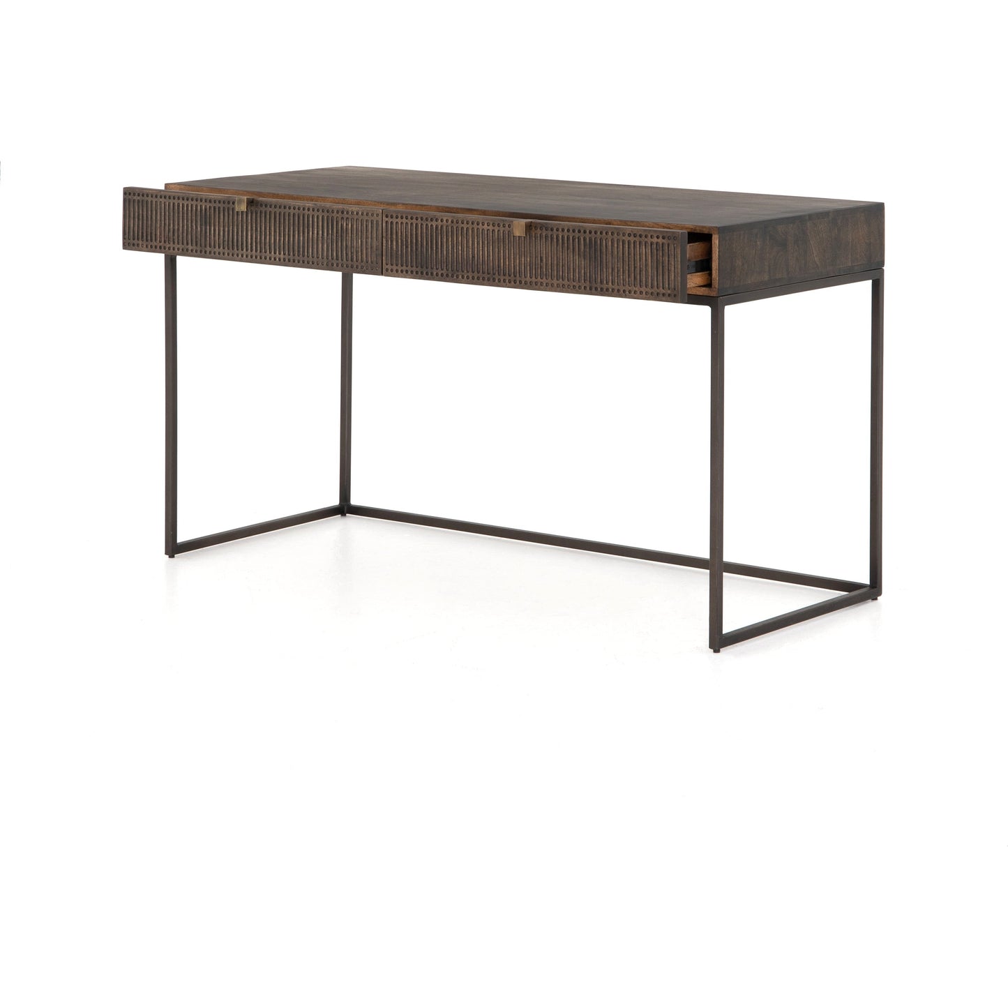 010 SR-809915 | Additional Silo | Kelby Writing Desk by Four Hands in aged brass, carved vintage brown, vintage brown, gunmetal and vintage brown. Made from solid mango, iron in a modern style.