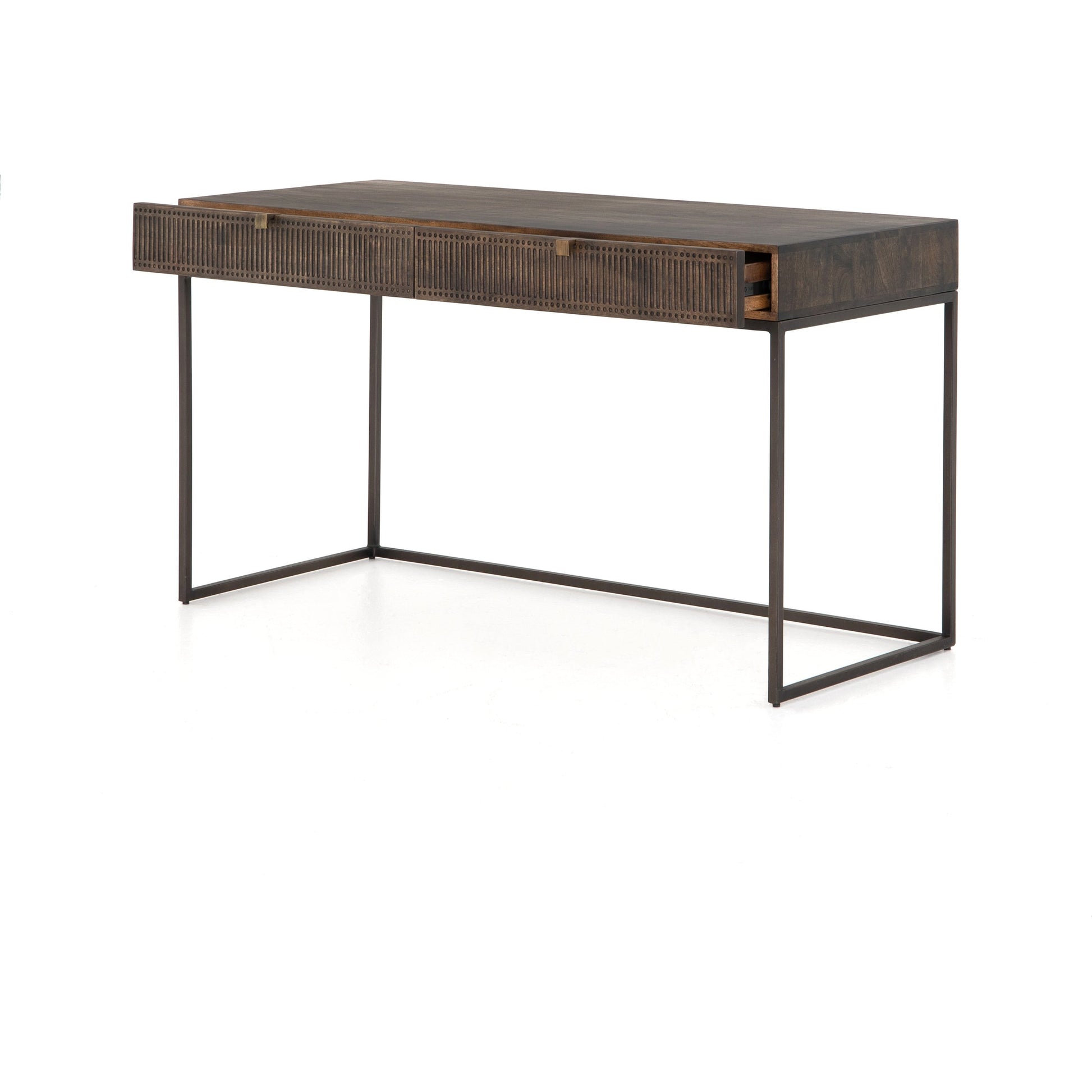 Kelby Writing Desk by Four Hands in aged brass, carved vintage brown, vintage brown, gunmetal and vintage brown. Made from solid mango, iron in a modern style.