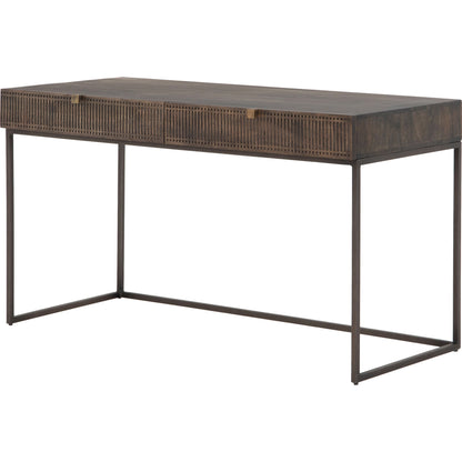 Kelby Writing Desk by Four Hands in aged brass, carved vintage brown, vintage brown, gunmetal and vintage brown. Made from solid mango, iron in a modern style.
