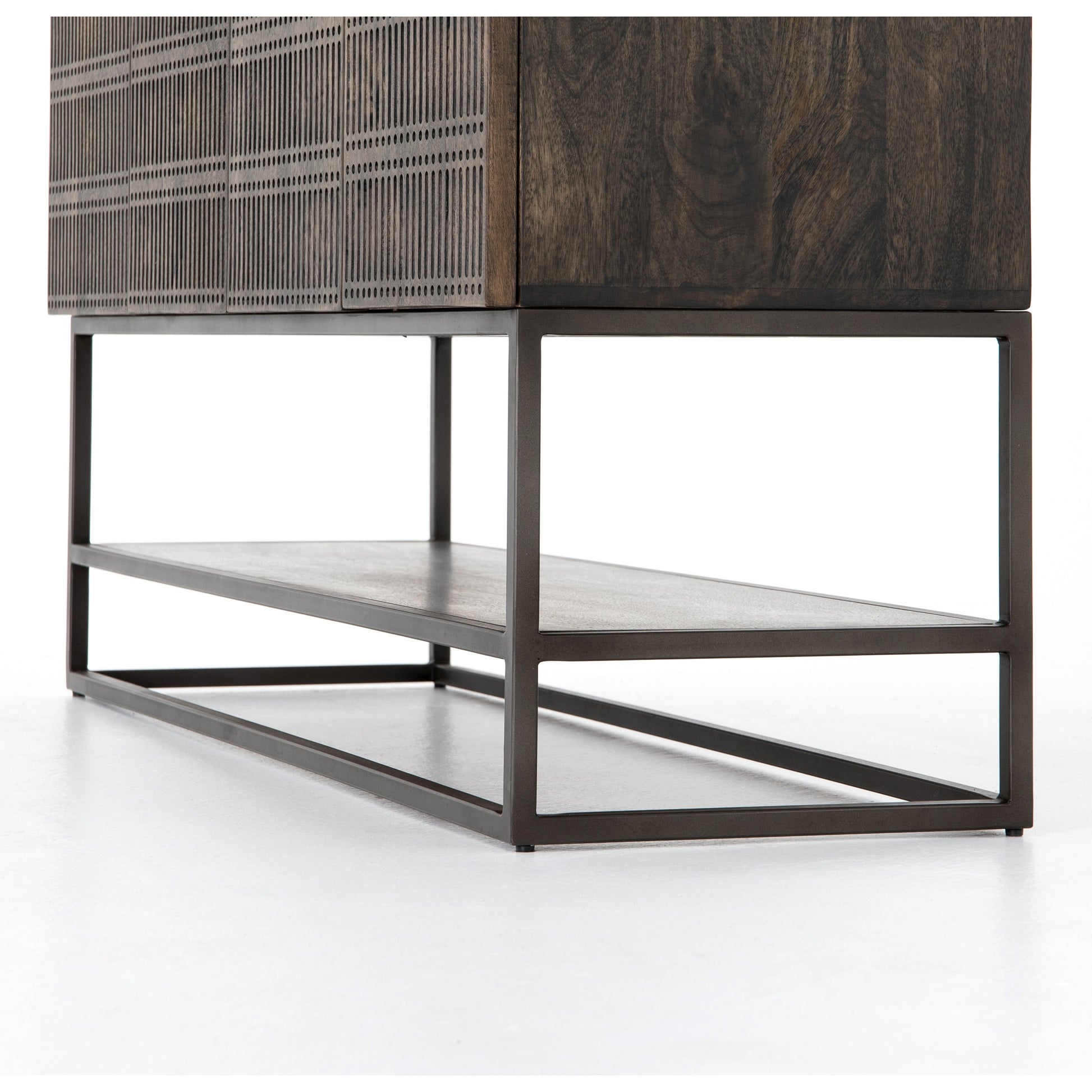 Kelby Small Media Cabinet by Four Hands in gunmetal, light wash mango, aged brass, light wash carved mango. Made from solid mango, iron in a modern style.