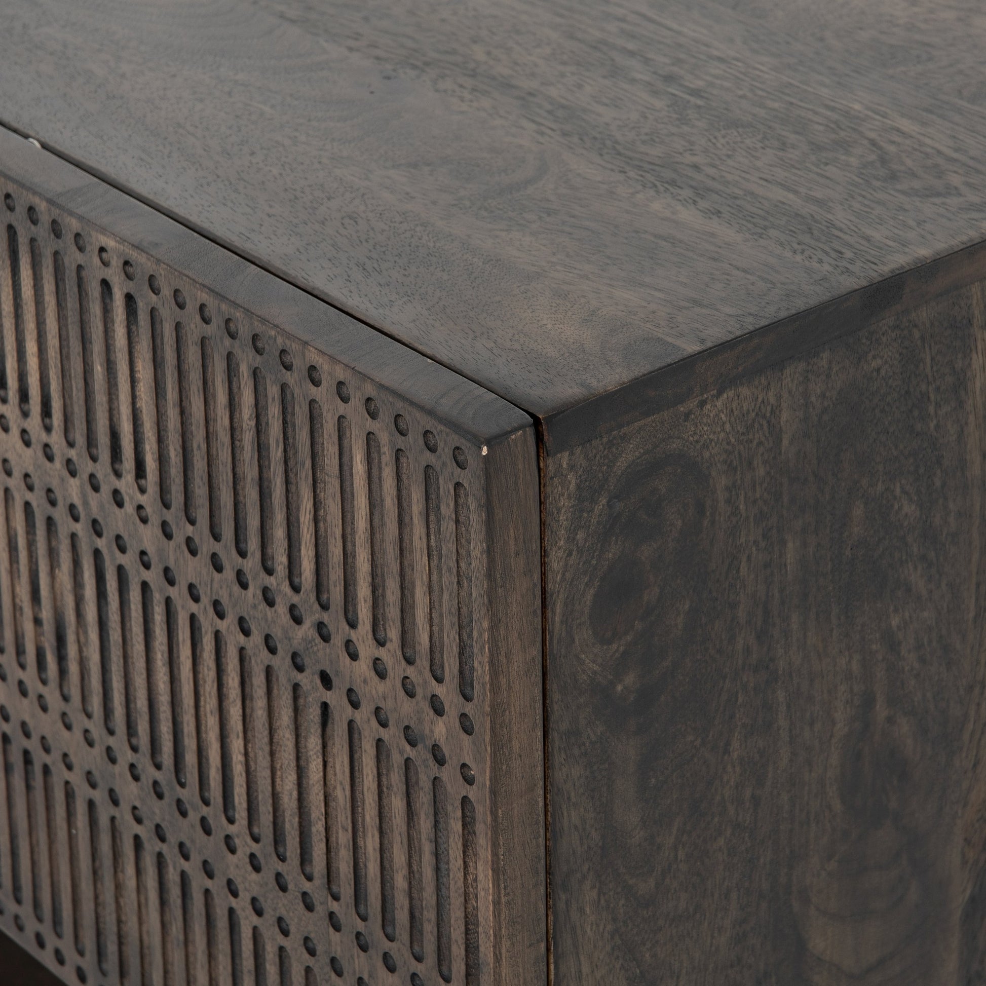Kelby Small Media Cabinet by Four Hands in gunmetal, light wash mango, aged brass, light wash carved mango. Made from solid mango, iron in a modern style.