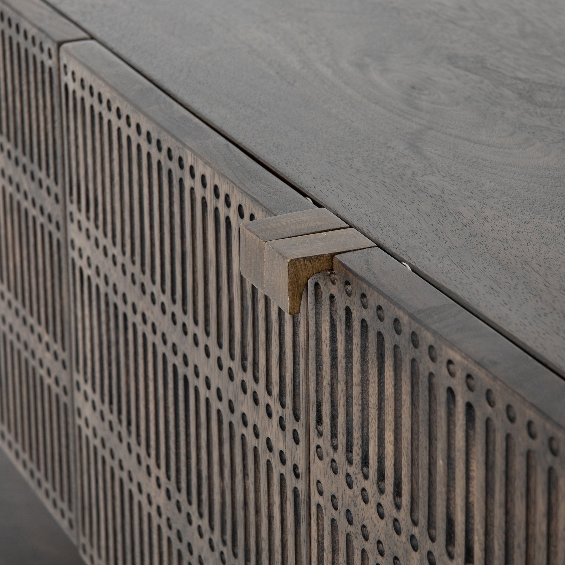 Kelby Small Media Cabinet by Four Hands in gunmetal, light wash mango, aged brass, light wash carved mango. Made from solid mango, iron in a modern style.