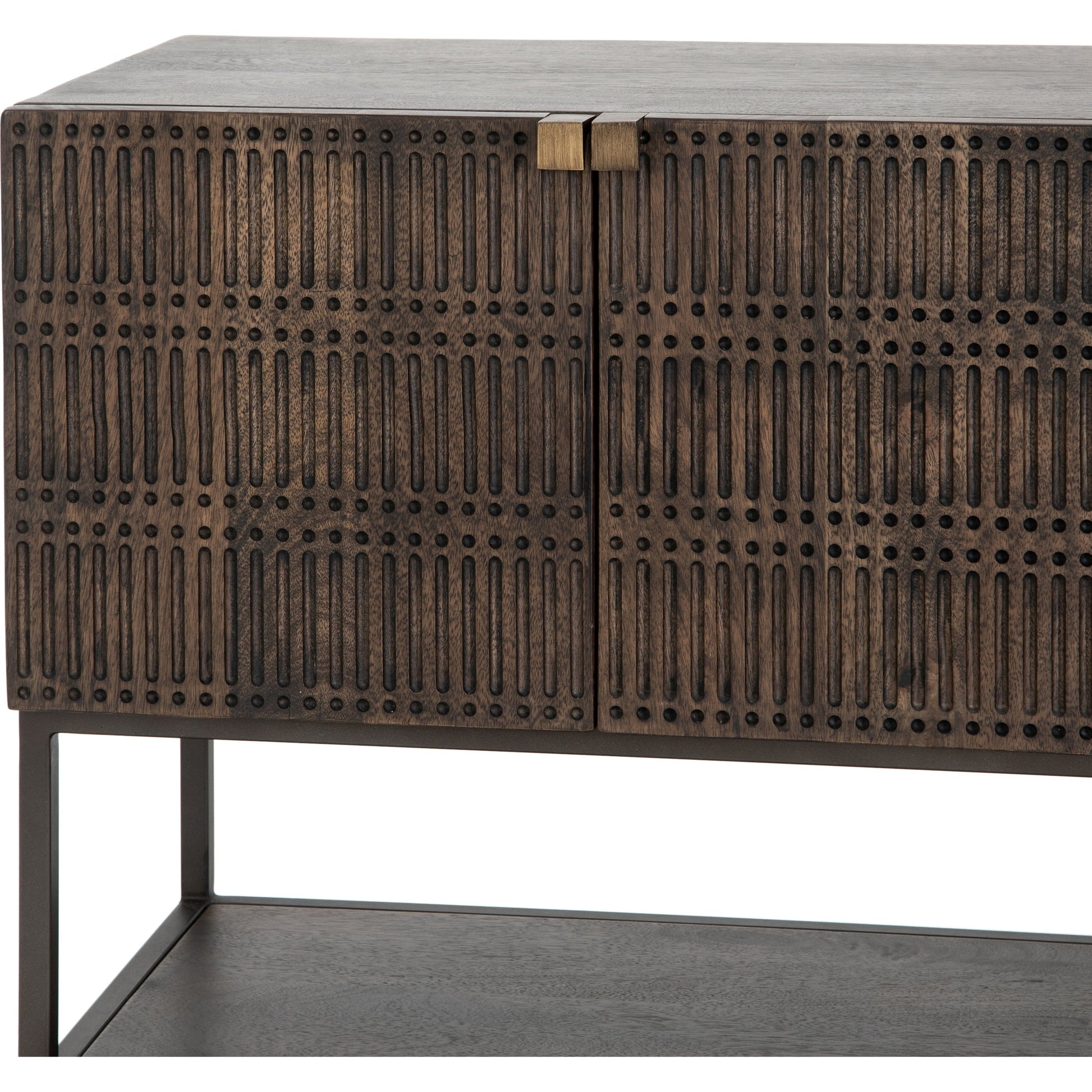 Kelby Small Media Cabinet by Four Hands in gunmetal, light wash mango, aged brass, light wash carved mango. Made from solid mango, iron in a modern style.